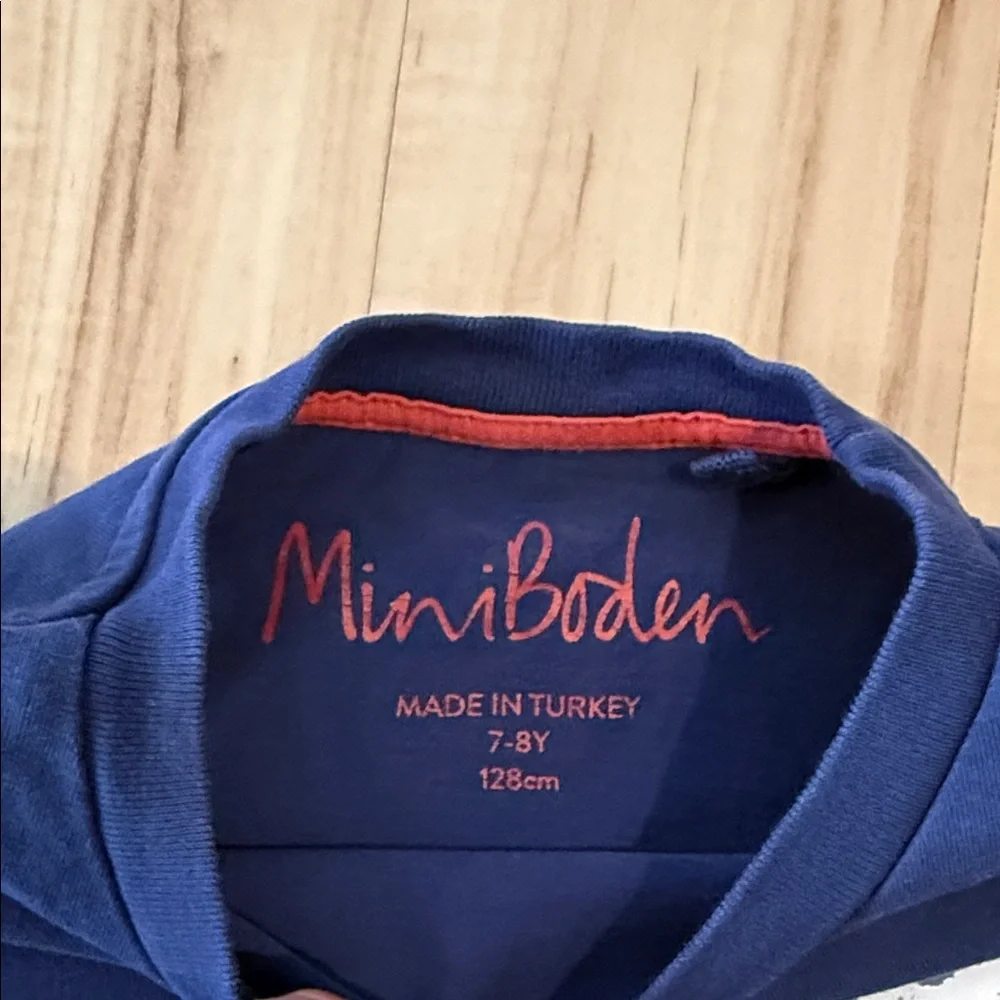 Mini Boden Navy Blue Train Tee with Bright Red Graphic